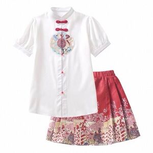 New Girls Chinese Traditional Outfit Cheongsam Top & Skirt Set Kids Tang Style